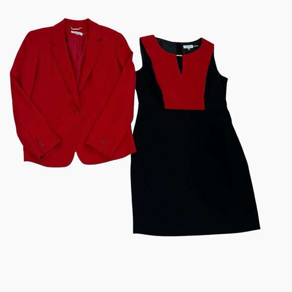 Calvin Klein Suit Set Dress Jacket Womens 14 Red Black Ponte Knit Sophisticated - Picture 6 of 16